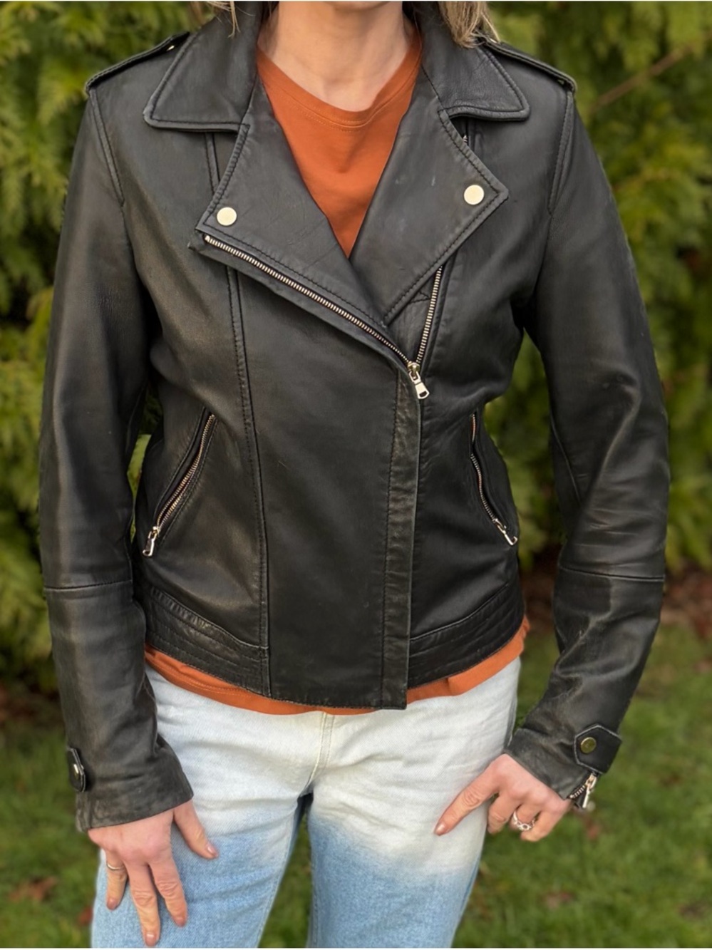 Mango Black Leather Asymmetric Moto Jacket
